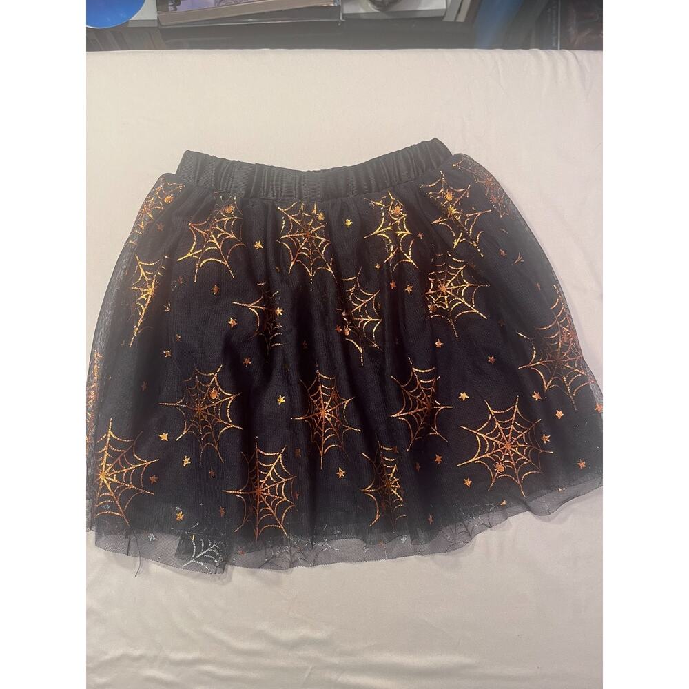 Halloween Spider Web Mini Skirt Kids Girls Black Orange Size 4-5 XS